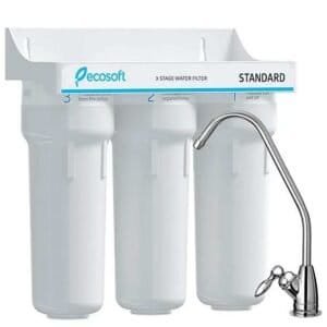 Under sink water filter Ecosoft 3 Stage model featuring sediment, carbon block, and granular carbon filters.