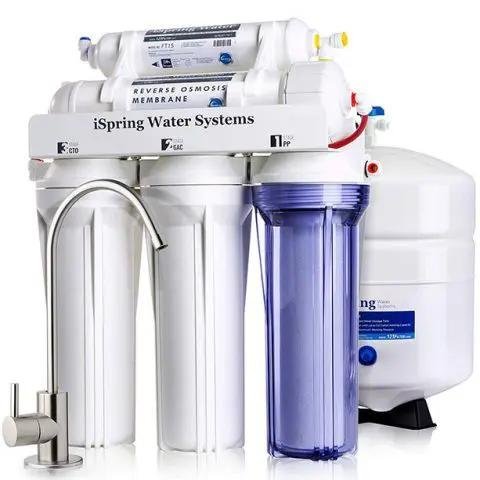 Under Sink Water Filter iSpring RCC7 system with reverse osmosis, sleek faucet, and pressure tank.