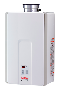V75 Model Rinnai tankless water heater featuring sleek design, digital controls, and efficient exhaust venting.