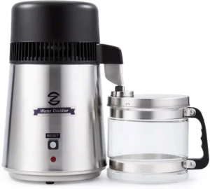 Water Distillers Co Z countertop distiller with stainless steel and glass components for pure water.