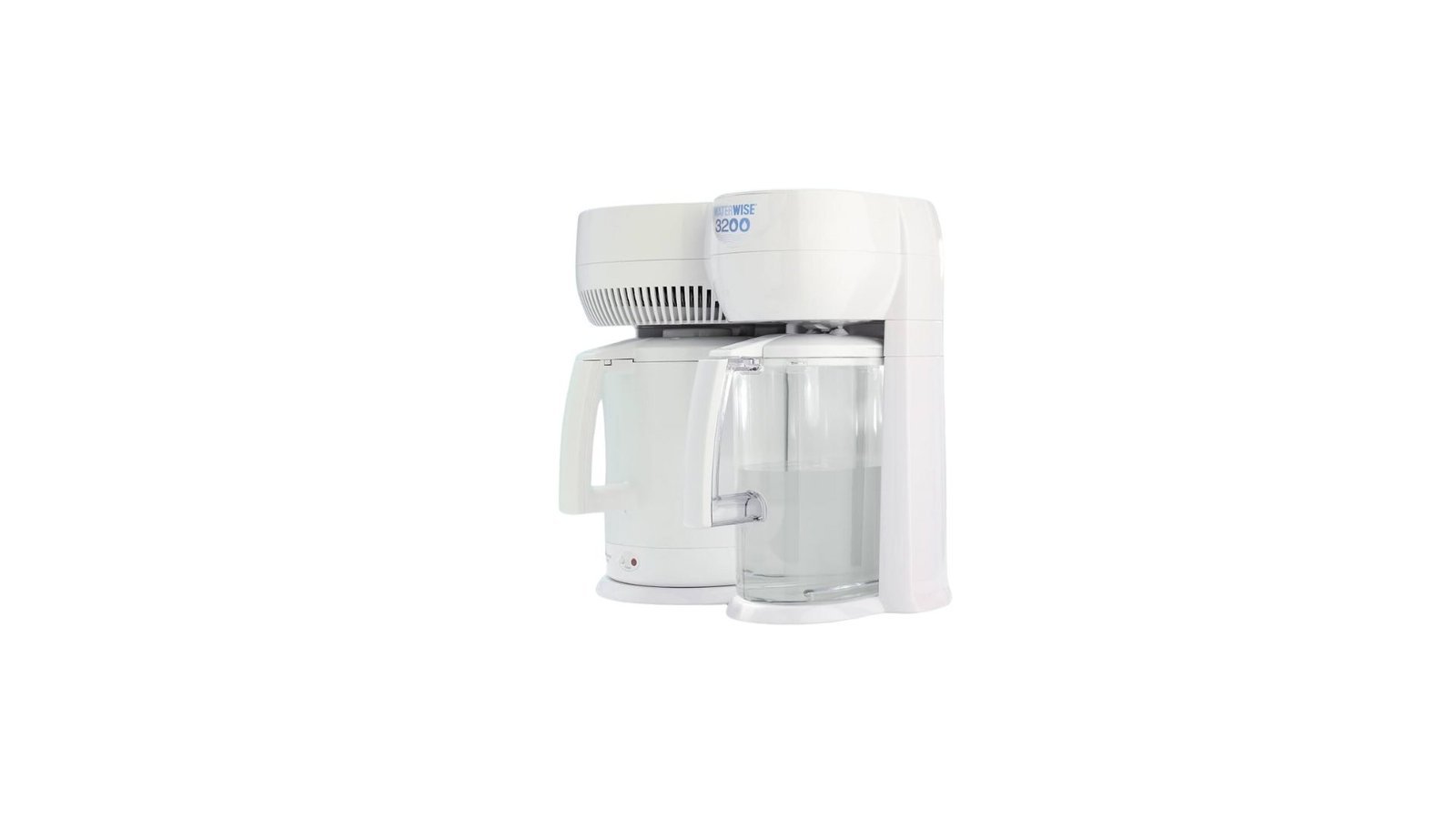 Water Distillers Waterwise 3200 compact white coffee maker with sleek design and transparent carafe.