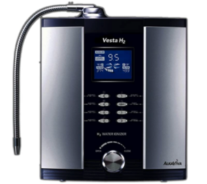 Water Ionizer AlkaViva Vesta H2 with digital display, silver-black design, and adjustable flex hose.