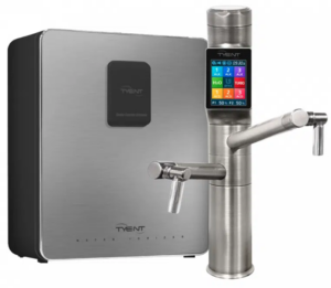 Water ionizer Tyent UCE 13 Plus featuring stainless steel design, digital controls, and twin spout faucet.