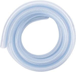Water softener leaking hose features a translucent, coiled design with reinforcing mesh for durability.
