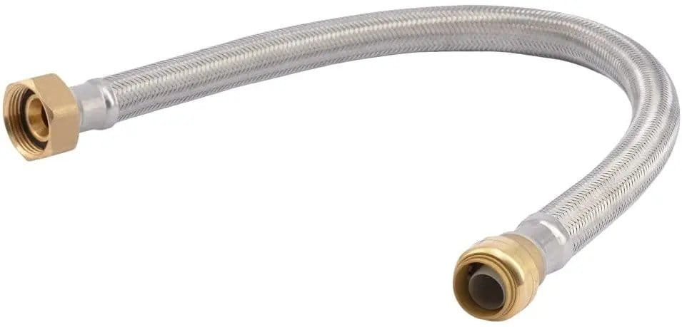 Water softener hose leaking water with braided stainless-steel design and brass connectors for durability.