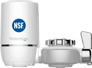 Waterdrop faucet filter NSF-certified filtration system with sleek white design and ergonomic control lever.