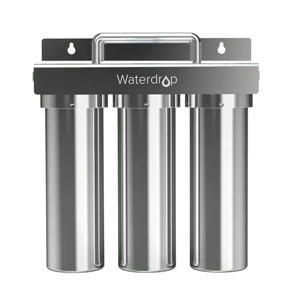 Waterdrop Filters 3 Stage Ultra Filtration system featuring stainless steel canisters and modern design elements.