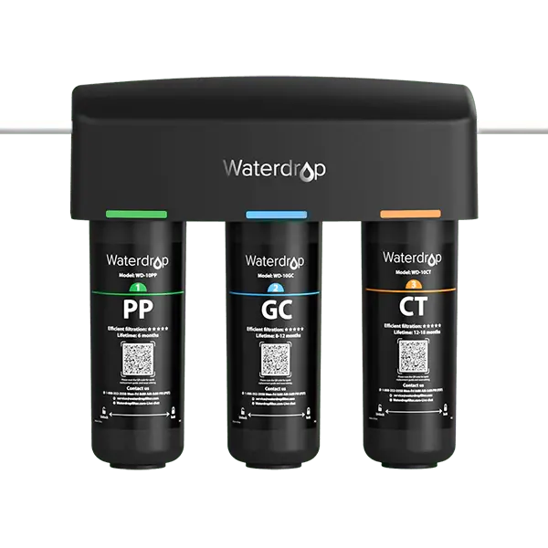 Waterdrop Filters 3 Stage Undercounter water filtration system featuring sleek black design with labeled cartridges.