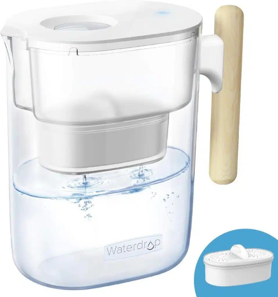 Waterdrop Filters Chubby Pitcher featuring sleek design, ergonomic wooden handle, and efficient filtration system.