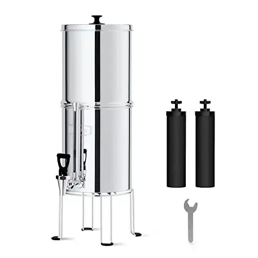 Waterdrop Filters King Tank stainless steel gravity water filter with dual chamber and black cartridges.