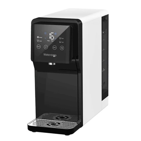 Waterdrop Filters N1 stylish countertop water dispenser with digital display, touch controls, and anti-drip tray.