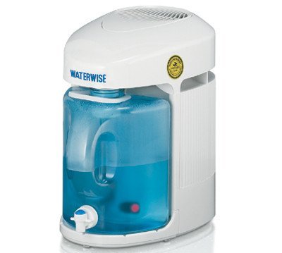 Waterwise 9000 counter distiller featuring a white compact design with blue jug and convenient spigot.