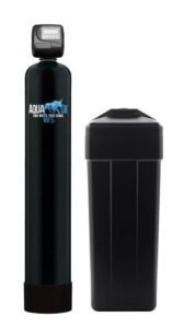 Well water softeners Aquaox system: sleek black cylinder and brine tank with digital control.