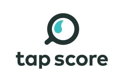 Whole house water filter minimalist logo, featuring a magnifying glass with turquoise droplet and tap score.