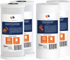 Whole house water filter cartridge set featuring Aquabonfilter brand carbon and sediment filters for improved quality.