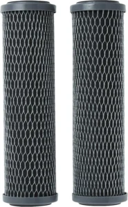 Whole house water filter cartridge pair featuring DuPont design with mesh pattern and dark end caps.