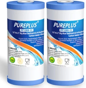 Whole house water filter Pure Plus PP10BB-CC cartridges with sediment and activated carbon filtration.