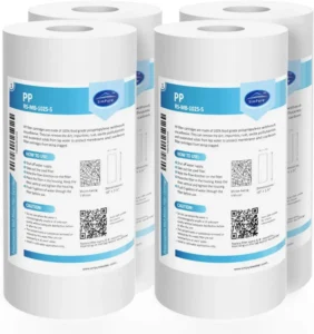 Whole house water filter cartridges Simpurefilter model SG-MB-10B5-S, featuring polypropylene construction and QR codes.