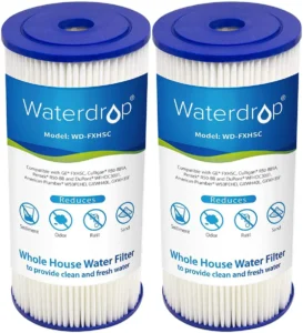 Whole-house water filter cartridges by Waterdrop, model WD-FXHSC, blue and white design for home use.