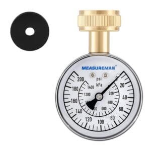 Whole house water filter gauge by MEASUREMAN showing 0-200 psi, 0-1400 kPa readings with brass connector.