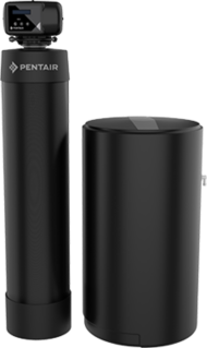 Whole house water filter featuring Pentair salt-based softeners with sleek black design and digital display.