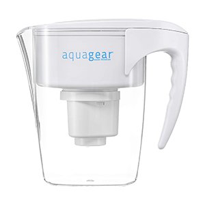 Aquagear water filter pitcher with ergonomic handle and visible filter for modern kitchen use.