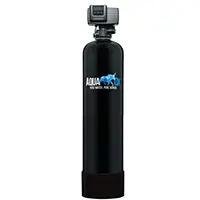 Aquaox water filters featuring sleek black cylindrical design with digital control valve for home use.