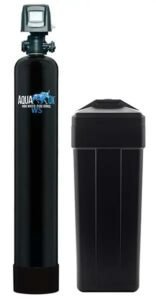 Aquaox water filters featuring sleek salt-based water softener with digital controls and brine tank.