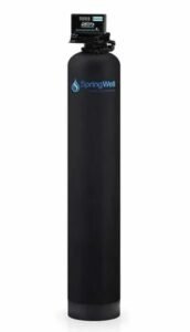 Aquaox water filters SpringWell whole house unit featuring sleek black cylindrical design with digital controls.