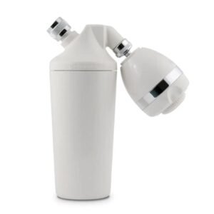 Aquasana AQ4100 shower filtration system with sleek white cylindrical filter and matching ergonomic showerhead.