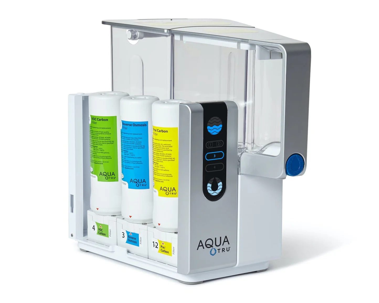 Aquatru reviews modern water purifier with sleek design, transparent reservoir, and digital control panel.