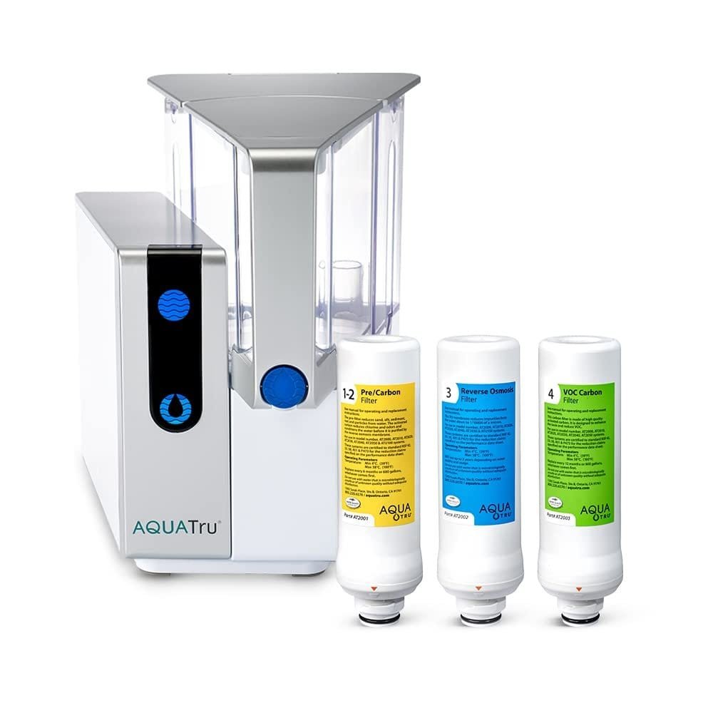 Aquatru reviews of AquaTru water filtration system showcasing sleek design and multi-stage filtration process.