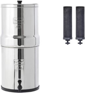 Berkey Water Filter Big polished stainless steel gravity filter system with spigot, detachable carbon filters.