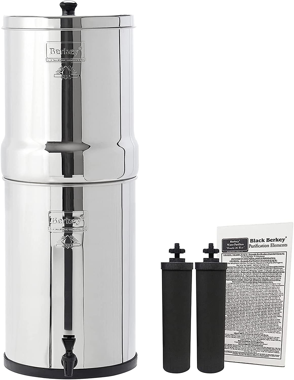 Berkey Water Filter Crown Berkey showcased with stainless steel chambers and filter cartridges against white backdrop.