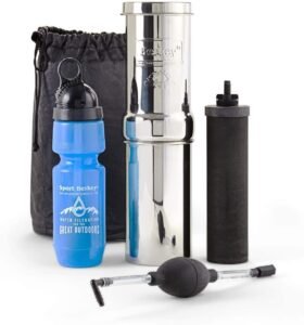 Berkey Water Filter Go Berkey Kit featuring stainless steel filtration system, cartridge, sports bottle, and carry bag.