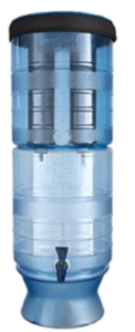 Berkey Water Filter Light inverted dispenser with large blue bottle, ensuring convenient water flow and stability.