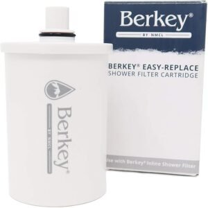 Berkey water filter shower cartridge with minimalist packaging design for enhancing water purity and quality.