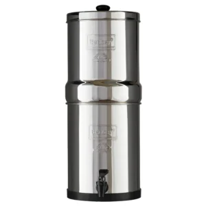 Berkey Water Filter Travel sleek stainless steel gravity filter with dual chambers and spigot for easy dispensing.