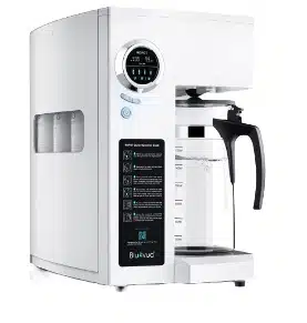 Bluevua Reverse Osmosis System Bluevua showcasing sleek design with transparent water reservoir and glass carafe.