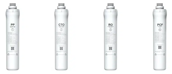 Bluevua Reverse Osmosis System filters with sleek white cartridges in a four-stage water purification system.