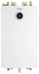 Bosch Tankless Water Heater 9900 features modern design, digital controls, and durable brass connectors.