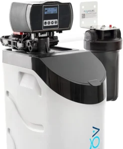 Brine tank water level water softener with digital controls, resin bead tank, and additional filtration component.