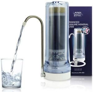 Countertop water filter showcasing transparent casing with visible layers, sleek metal spout, Apex branding.