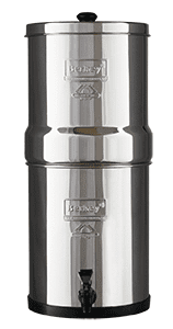 Countertop Water Filter Big Berkey featuring sleek stainless steel design with dual chambers and spigot.