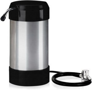 Countertop water filter Cleanwater4less sleek stainless steel dispenser with black accents and tap.