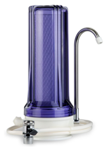 Countertop water filter Ispringckc1c features a translucent purple design with chrome faucet for modern kitchens.