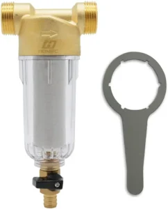 DIY whole house water filter with brass top and transparent base, featuring sediment pre-filter and wrench.