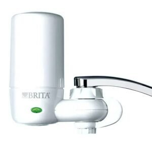 Faucet Water Filters Brita Basic modern white filtration system with sleek design and green indicator button.