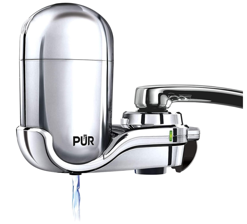 Faucet water filters PUR FM 3700 attachment with sleek metallic design and water flow indicator.