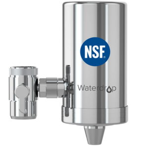 Faucet water filters Waterdrop filtration device with NSF certification, sleek stainless steel design, ergonomic features.